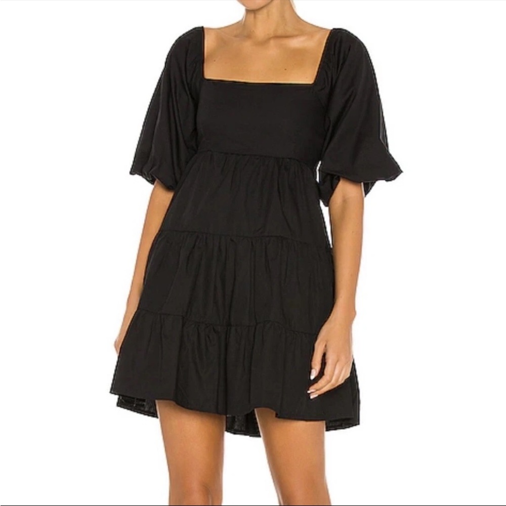 Faithfull the Brand Eryn Black Tiered Puff Sleeve Mini Dress Womens M‎